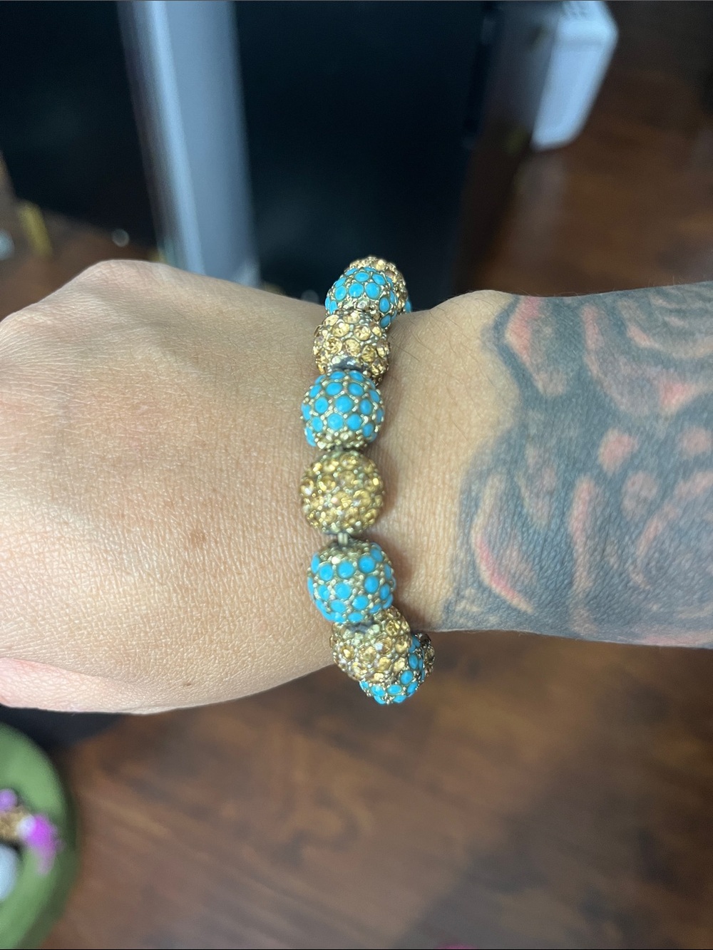 Turquoise & Gold Pave Beaded Stretch Bracelet - Women Jewelry